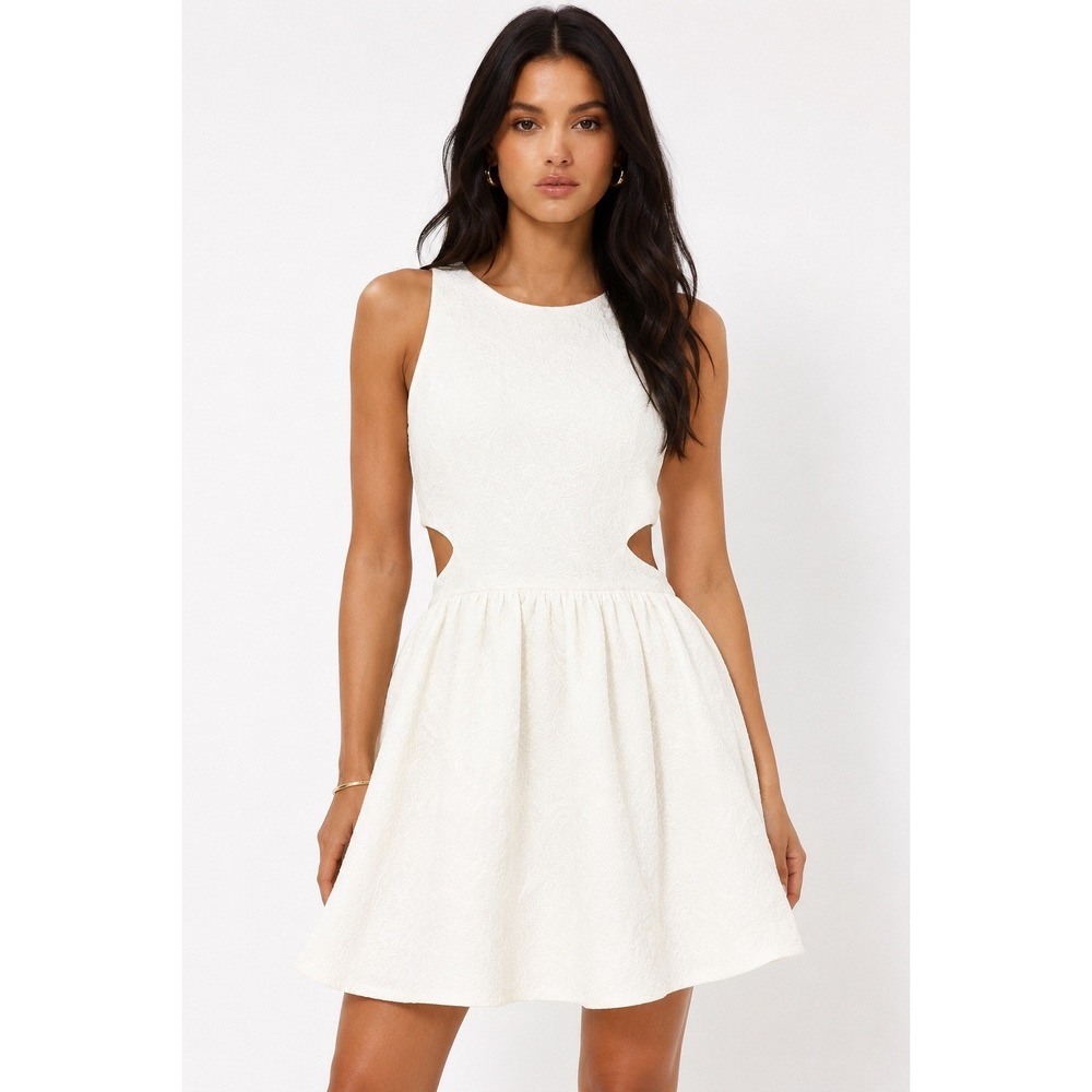 Zara Trafaluc White Jacquard Paisley Mini Dress Side Cut Out Sleeveless Medium